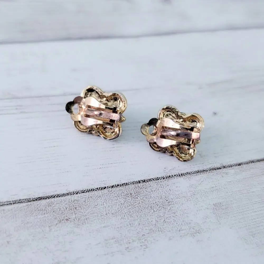 Vintage Clip On Earrings Antique Gold Tone Halo with Dark Pink Center